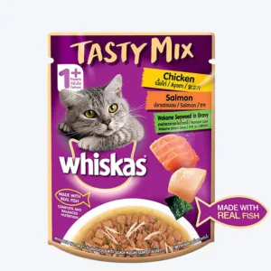 Whiskas Adult (1+ year) Tasty Mix Wet Cat Food Made With Real Fish, Chicken With Salmon Wakame Seaweed in Gravy - 70 gm